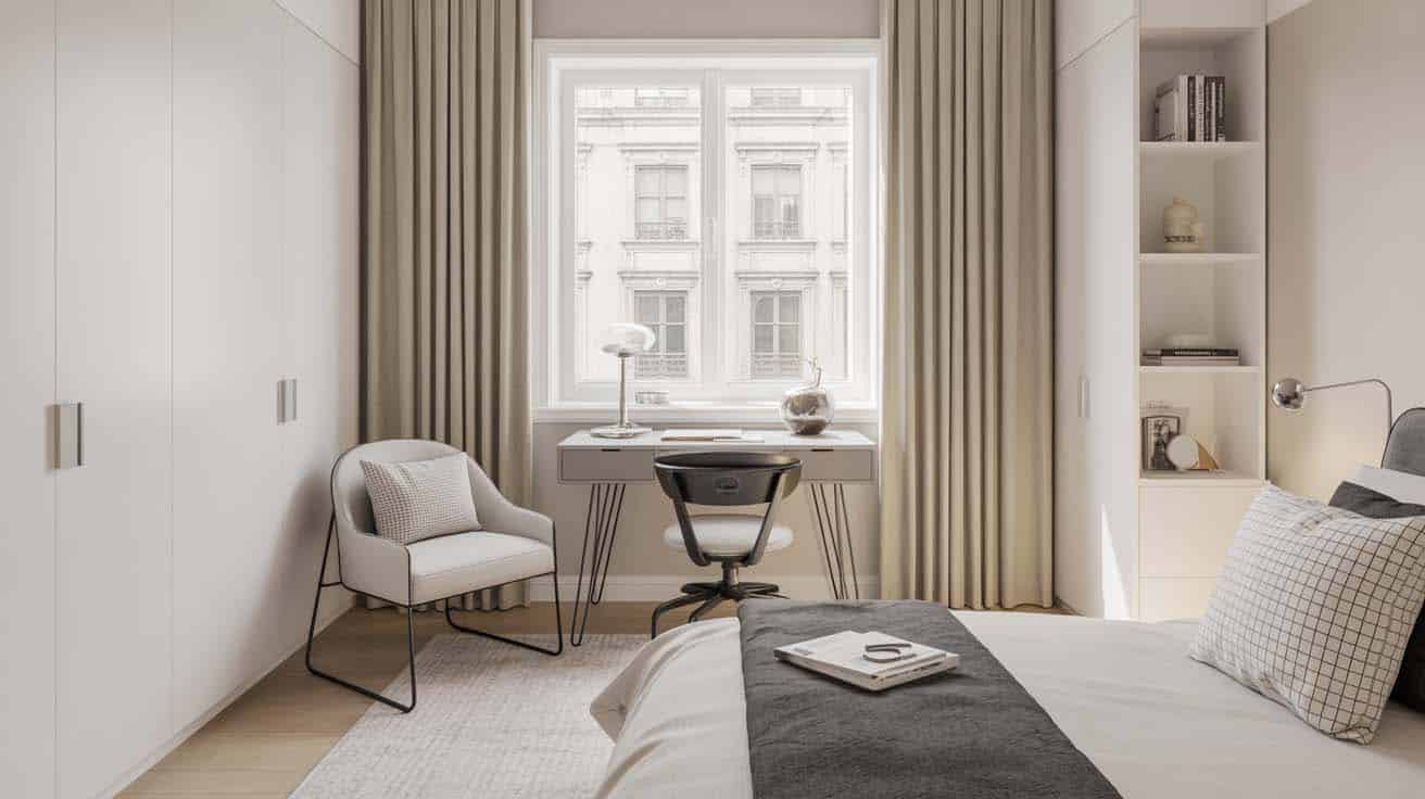 Hairpin-leg accent chair beside a minimalist writing desk facing a window