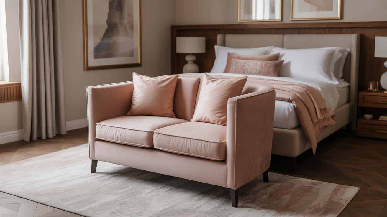 Blush two-seater loveseat with deep cushions at the foot of a bed
