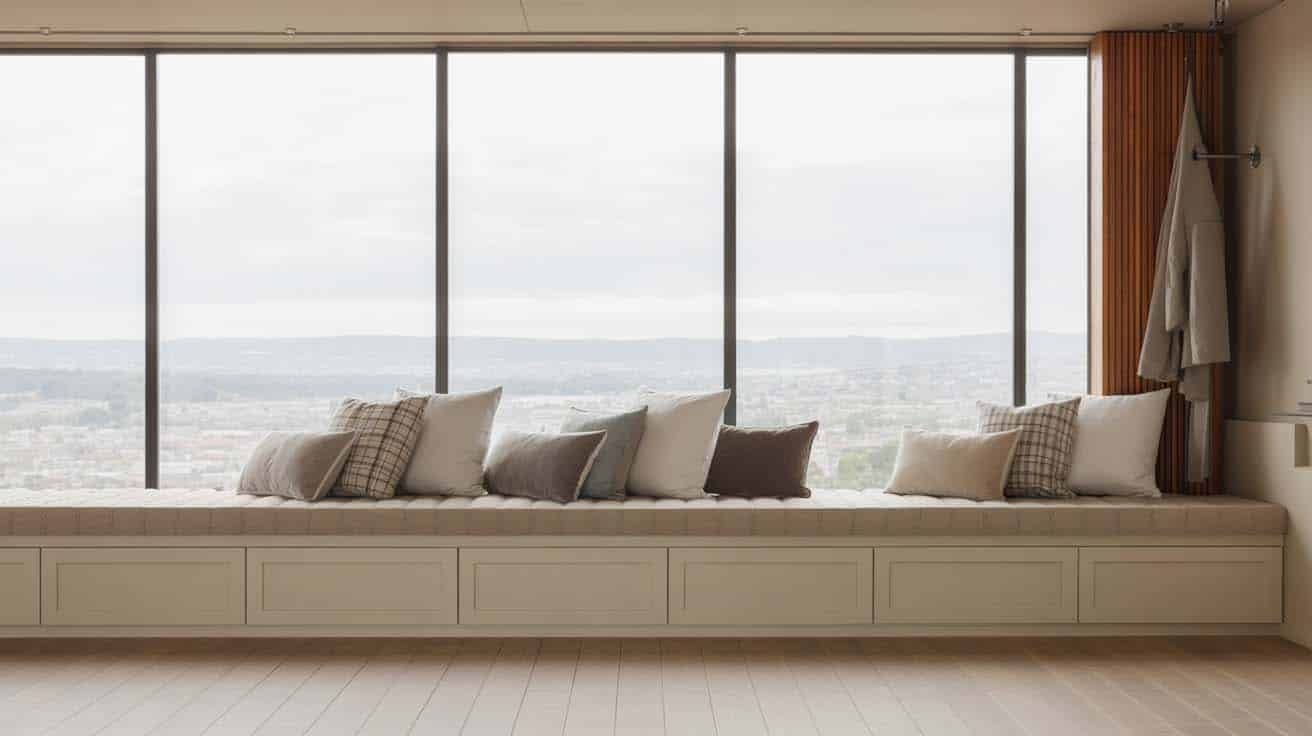 Built-in linen window seat bench spanning the width of a bright avant-garde bedroom