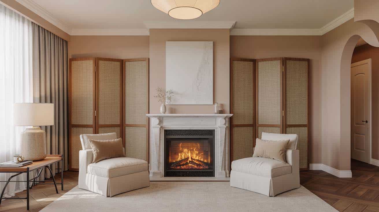 Beige slipper chairs around a central fireplace with a folding privacy screen