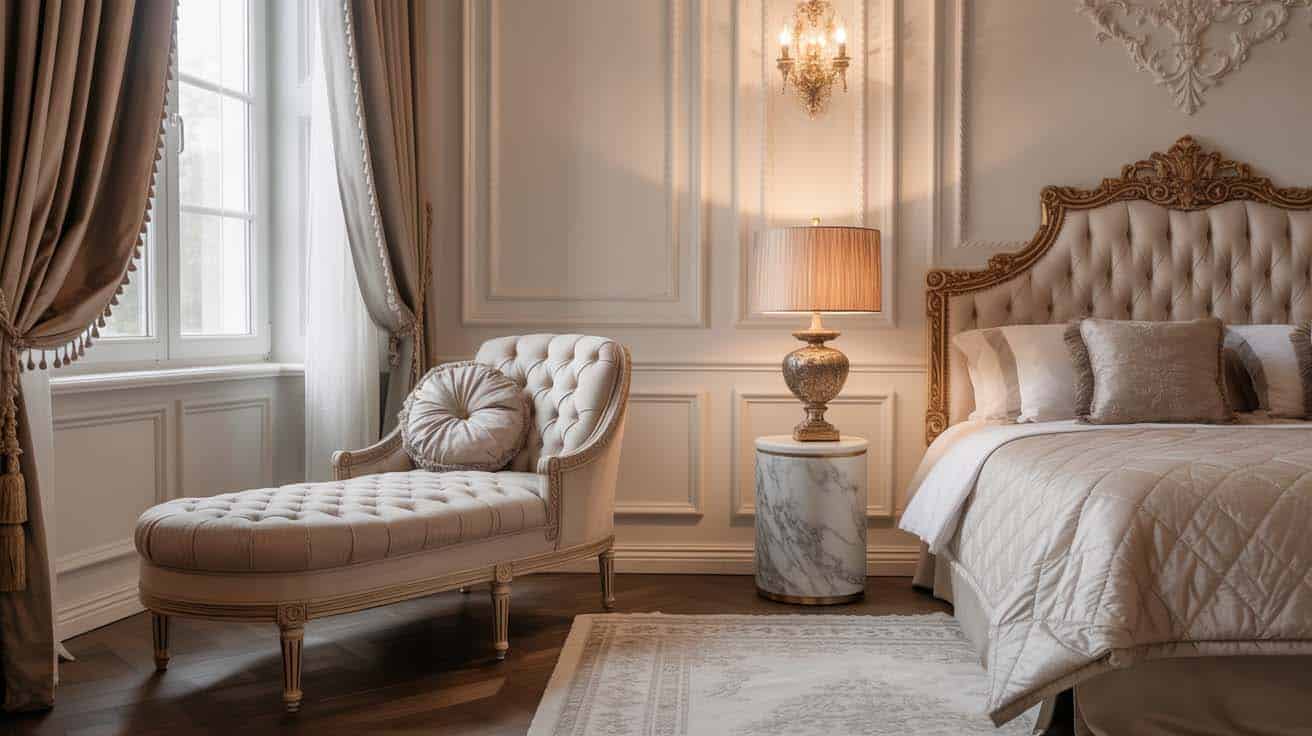 Tufted velvet chaise lounge with silk drapes and a marble side table in a luxury bedroom