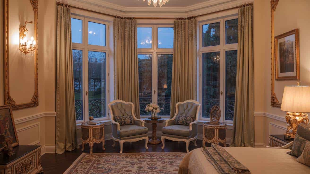 Ornate accent chairs with decorative pillows in a bay window sitting corner