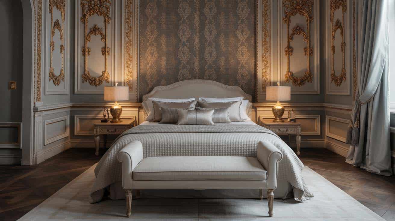 Simple upholstered bench at the foot of a richly decorated bedroom