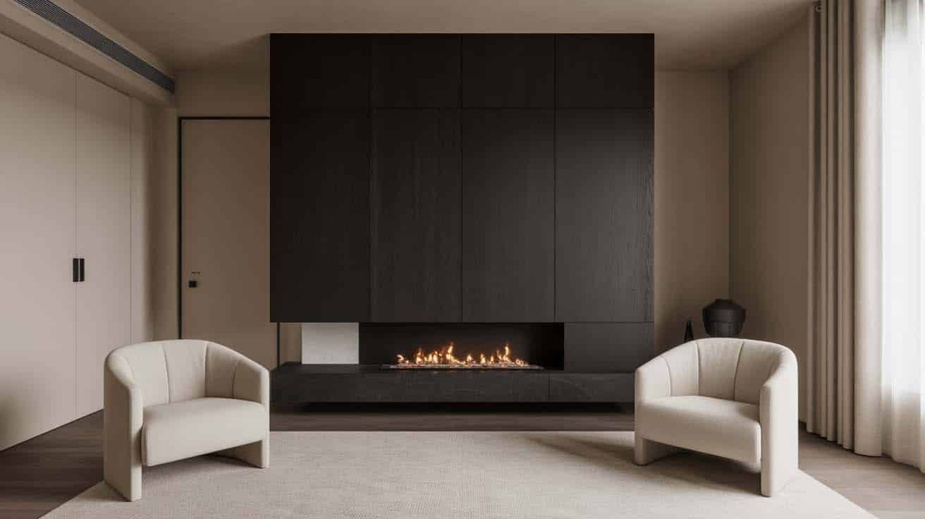Linen barrel chairs beside a sleek linear fireplace set into a black accent wall