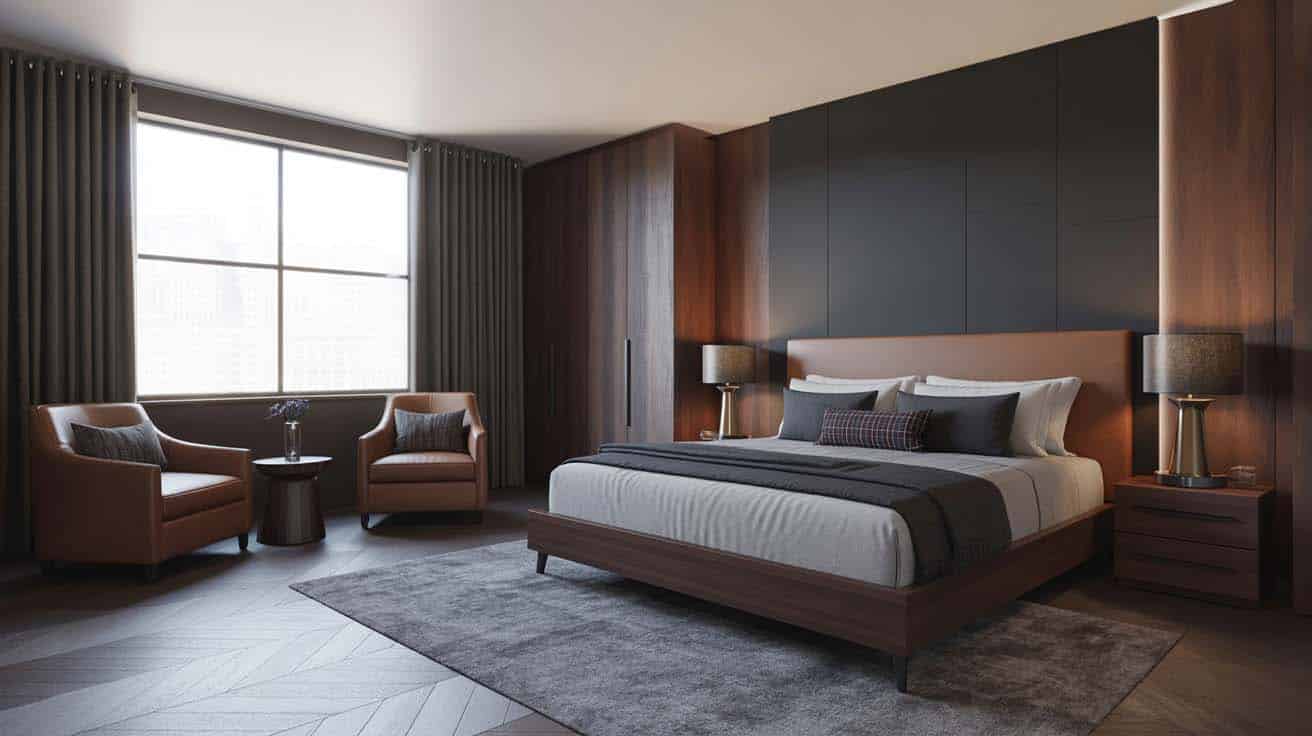 Velvet club chairs near a wide window in a masculine bedroom with dark walnut furniture