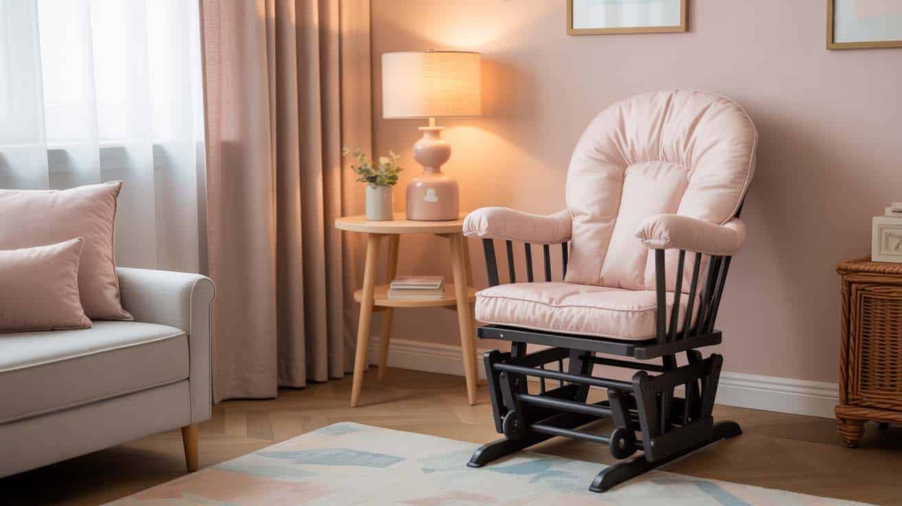 Blush pink nursing glider chair with a side table lamp in a serene bedroom corner