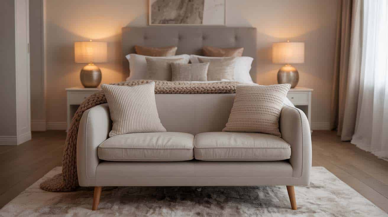 Cozy loveseat with throw pillows and a chunky knit blanket at the foot of a bed