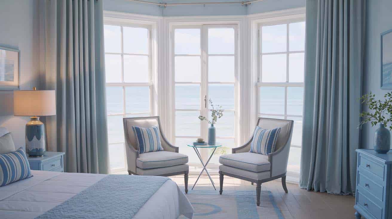 Armless slipper chairs positioned behind large windows in a coastal bedroom