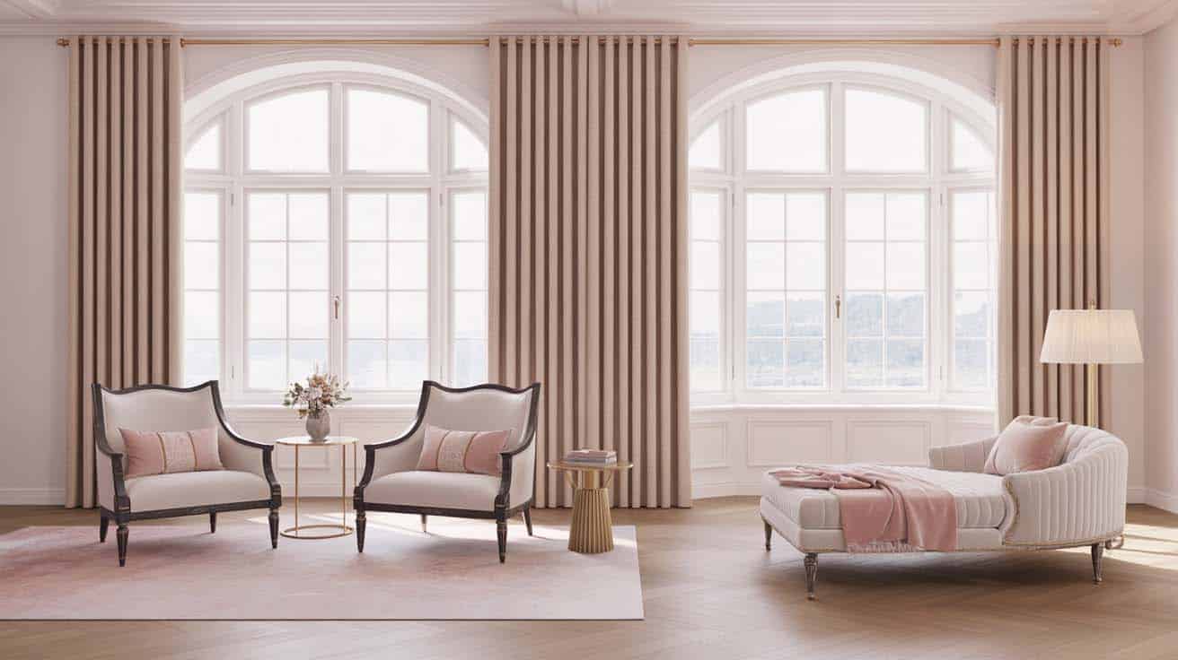 Two lounge chairs and a daybed chaise in a light-filled feminine master bedroom