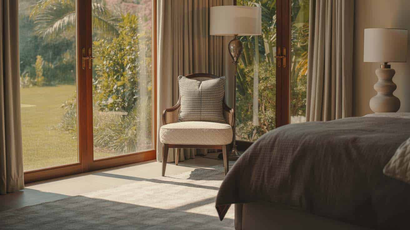 Plush accent chair beside floor-to-ceiling windows in a bedroom alcove