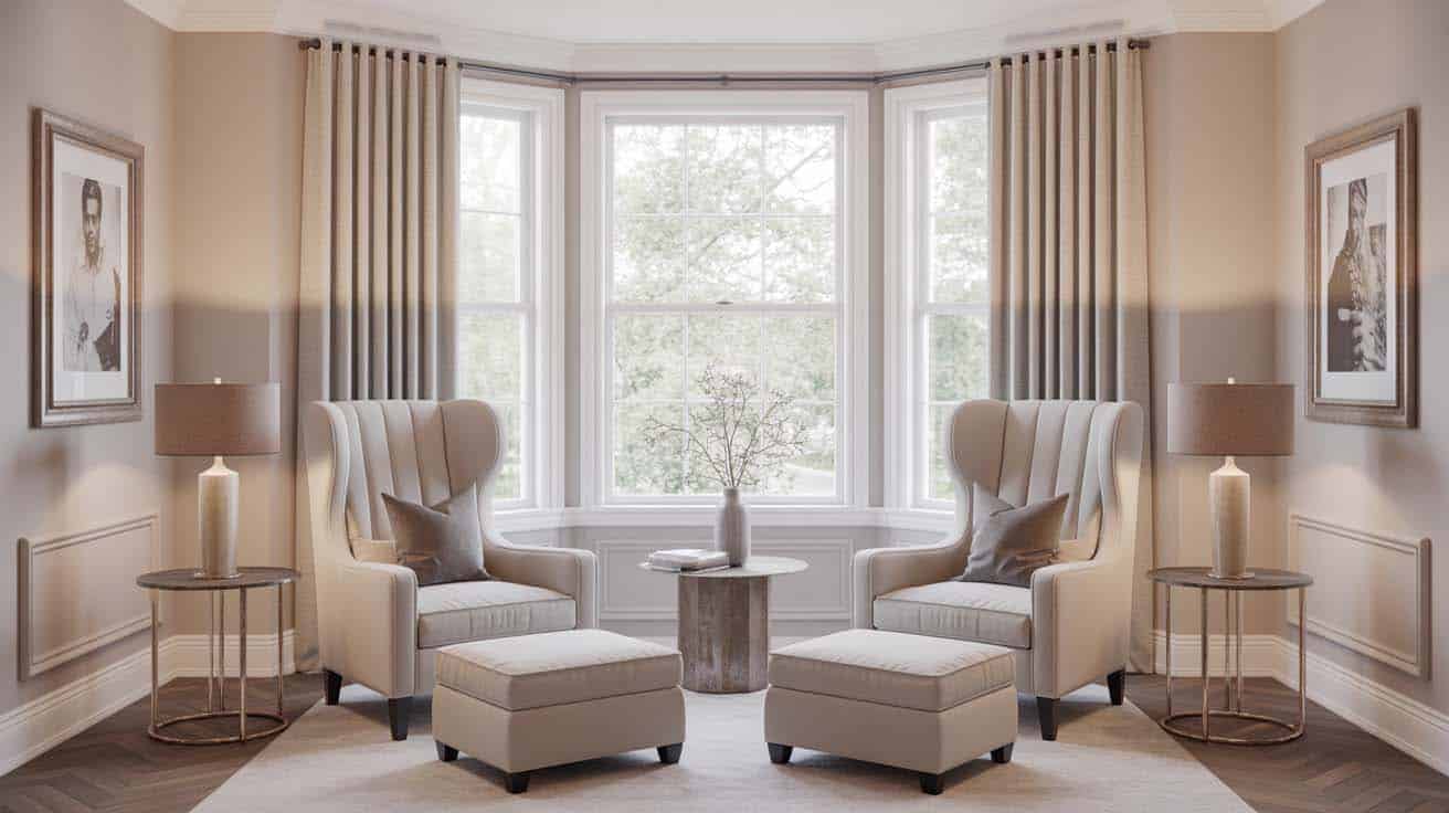 Pair of cream velvet armchairs flanking a bay window in a master bedroom