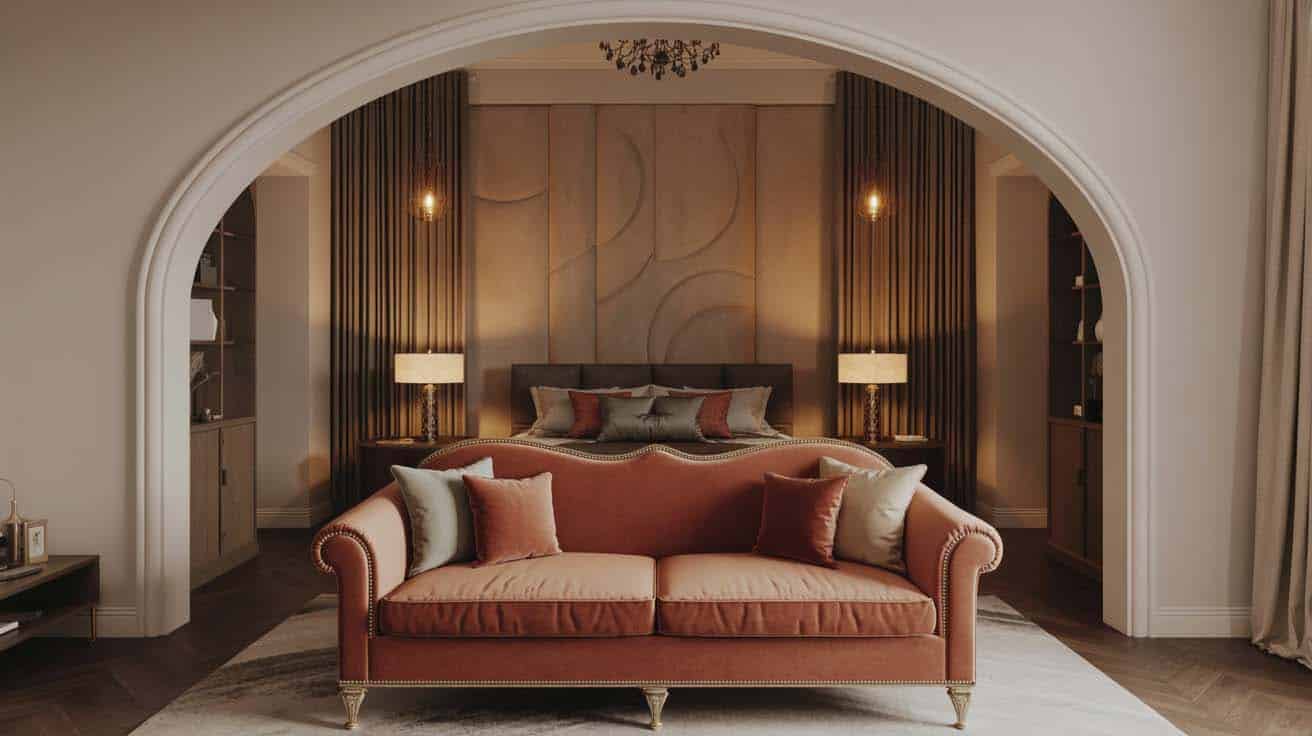 Elegant sofa nestled under an arched room divider in a grand master bedroom