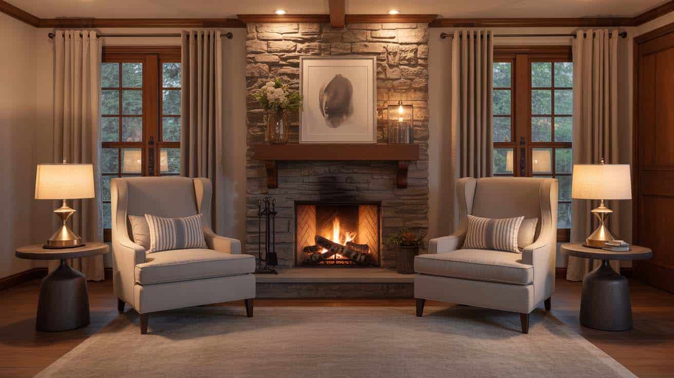 Two accent chairs with individual reading lamps flanking a stone fireplace
