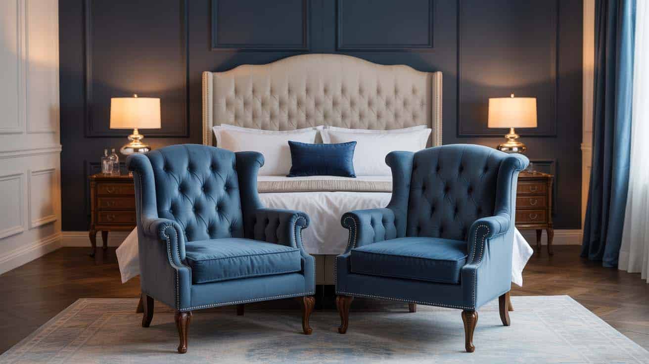 Pair of navy tufted armchairs with nailhead accents at the foot of a king bed