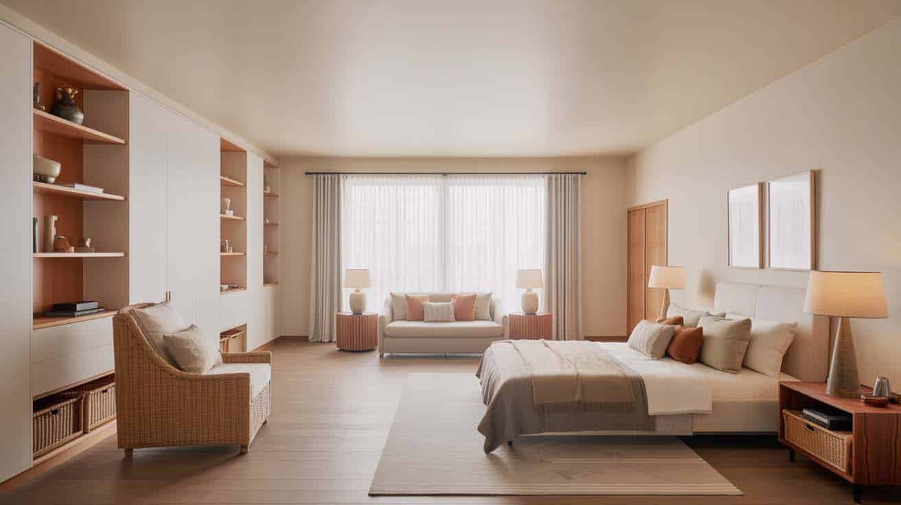 Club chair in the corner and a loveseat near the window in a Scandinavian bedroom