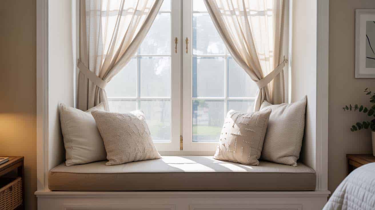 Cushioned window seat nook with stacked throw pillows and sheer curtains