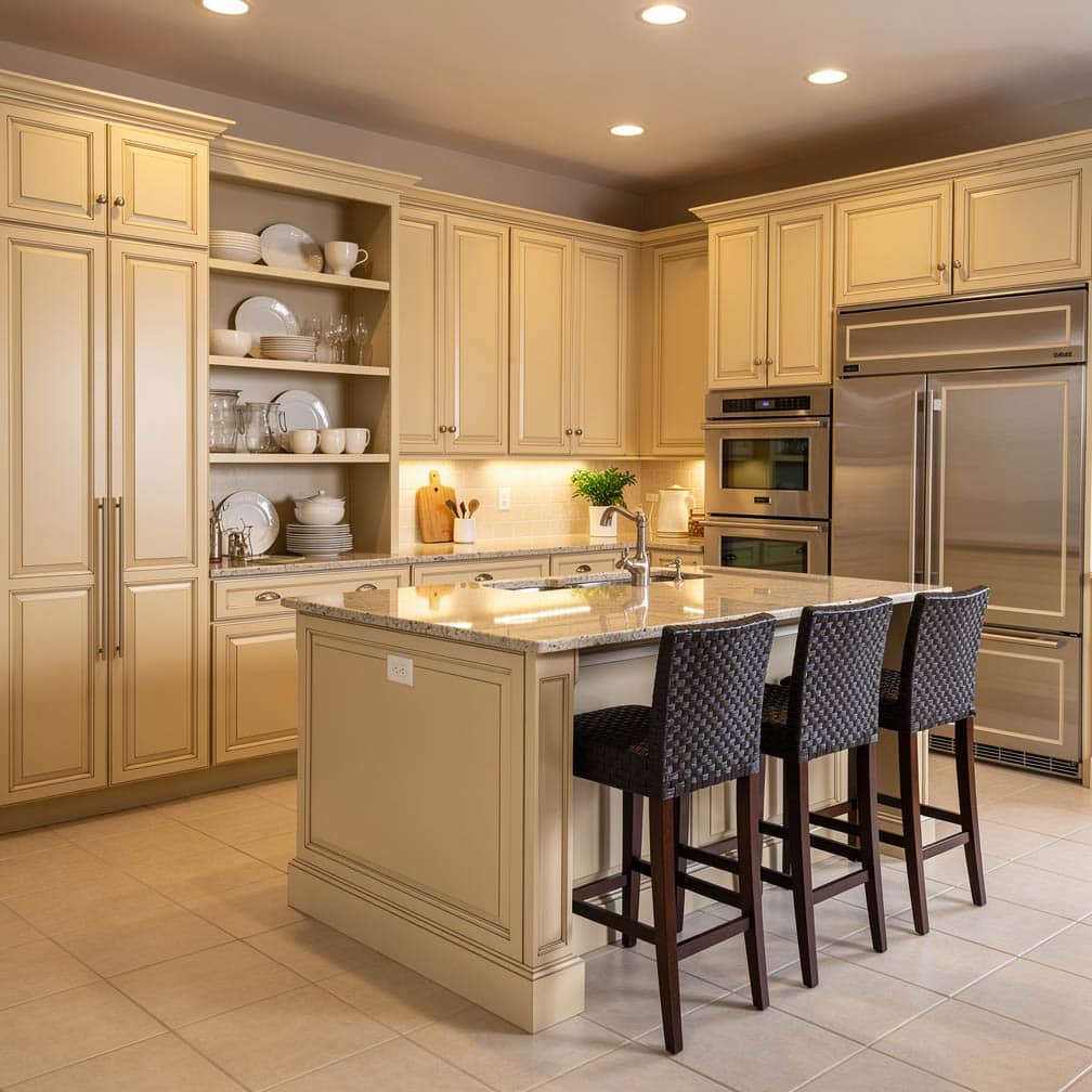 Beige cream raised panel cabinets with full-height pantry tower, double wall ovens and woven saddle barstools