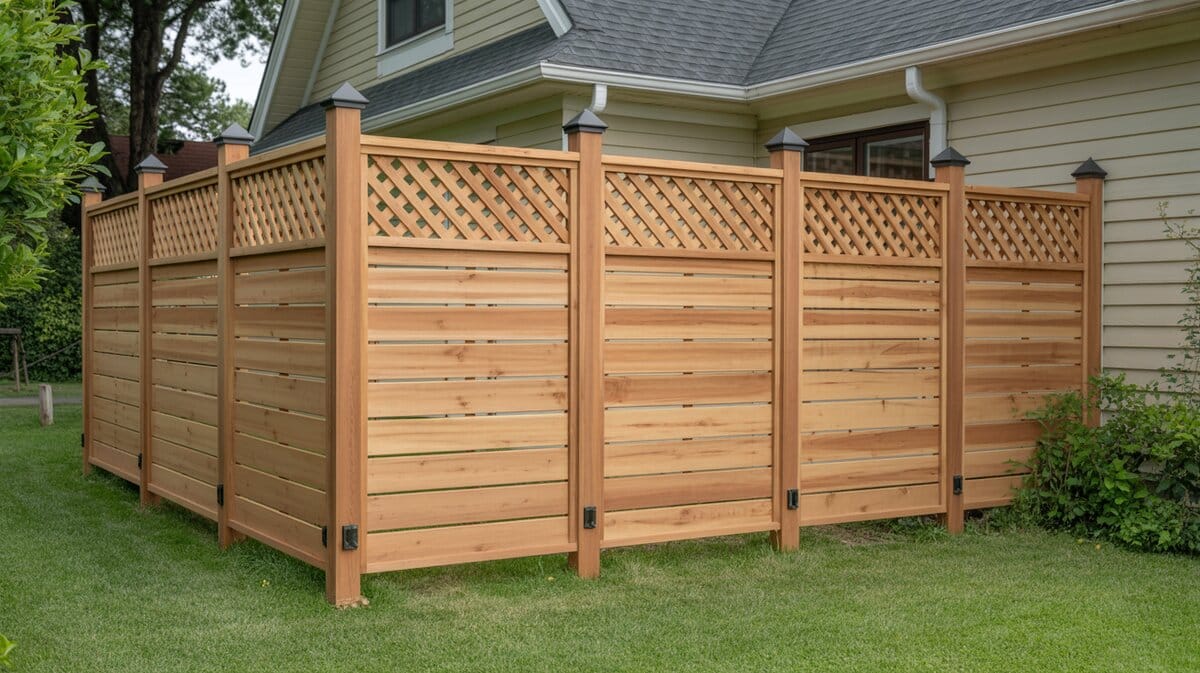 Cedar Lattice Privacy Screen Fence Black Post Caps Green Lawn