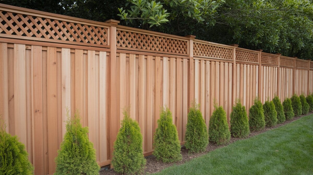 Cedar Privacy Fence Diamond Lattice Topper Arborvitae Row