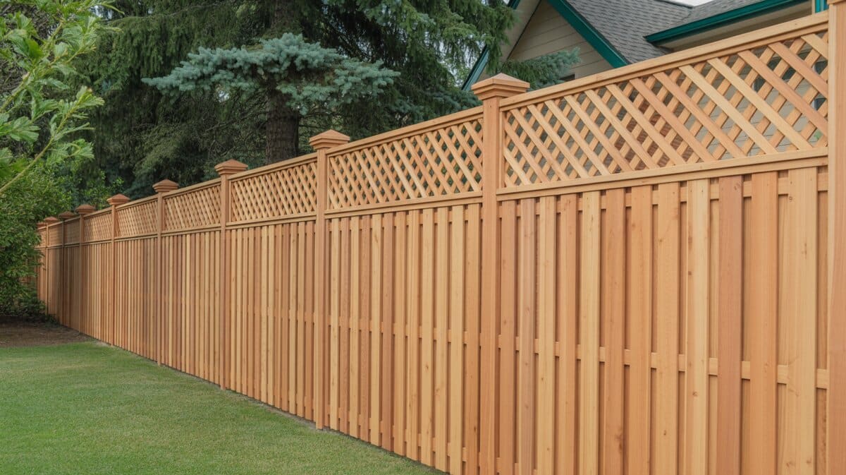 Cedar Vertical Board Fence Diagonal Lattice Topper Green Lawn
