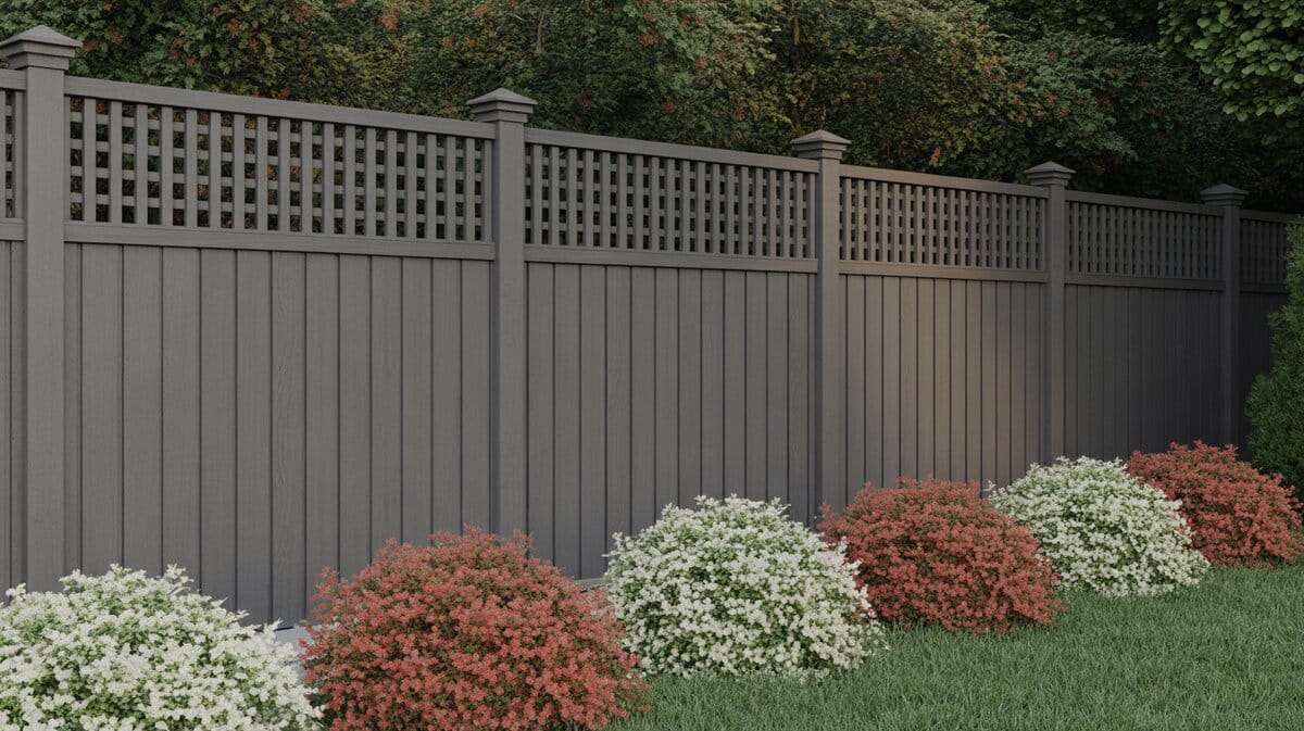 Charcoal Gray Square Lattice Fence Red Flowering Shrubs