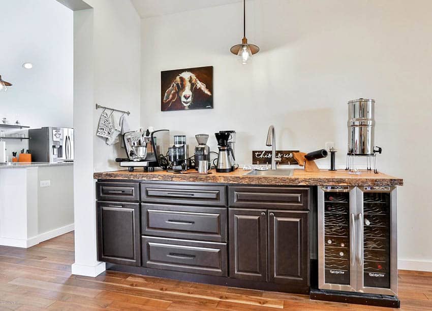 Coffee station with reclaimed wood countertop