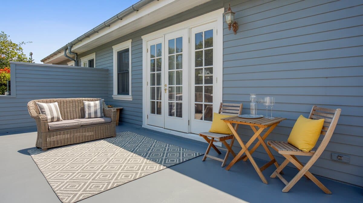 Concrete roof patio on blue siding house with wicker furniture and French doors