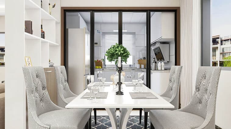 Contempoary dining room with white table, gray chairs and black area rug