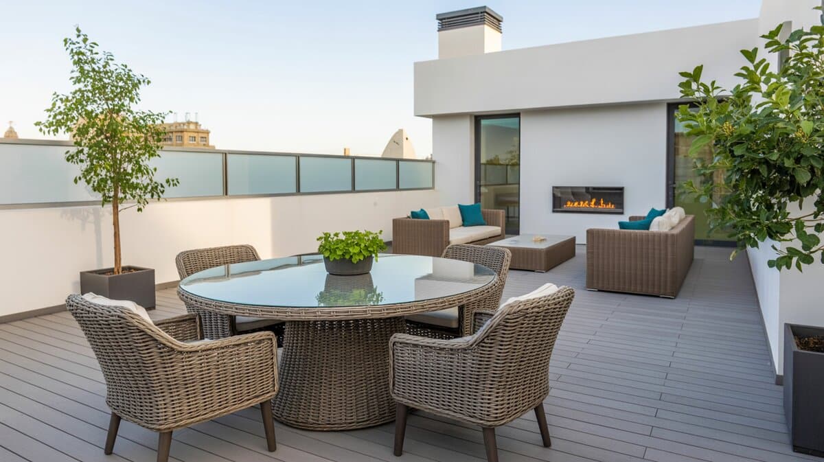 Contemporary rooftop terrace with wicker lounge seating, built-in fireplace, and frosted glass panels