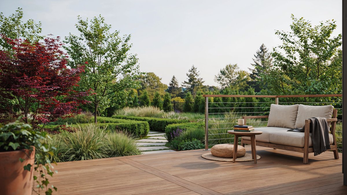 Backyard composite deck with wood topped cable railing and cushioned seating