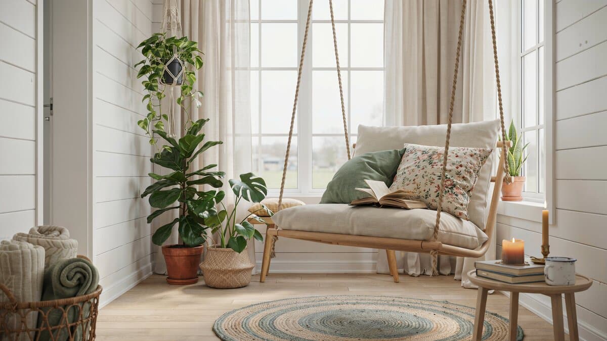 Cottage sunroom corner with a cushioned hanging swing chair and leafy plants