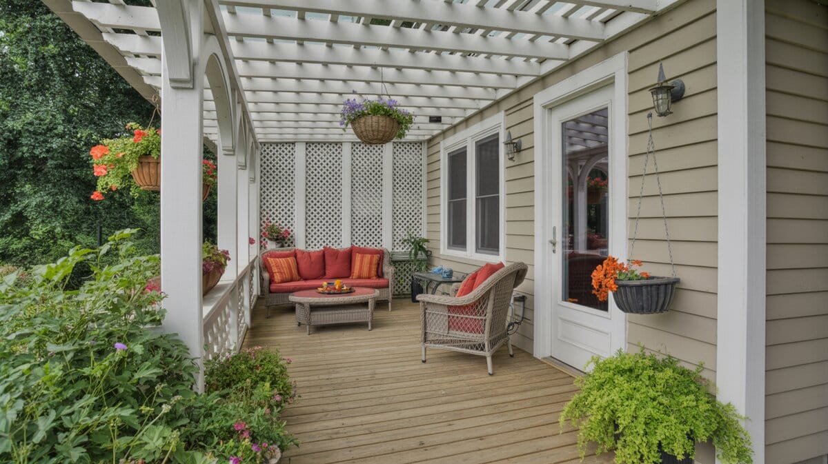 Covered Porch White Lattice Walls Ceiling Wicker Red Cushions