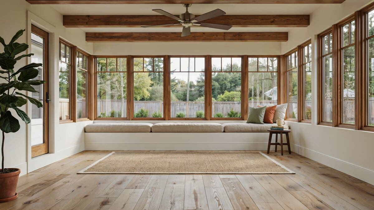 Craftsman sunroom with exposed wood beams, ceiling fan and a long window bench