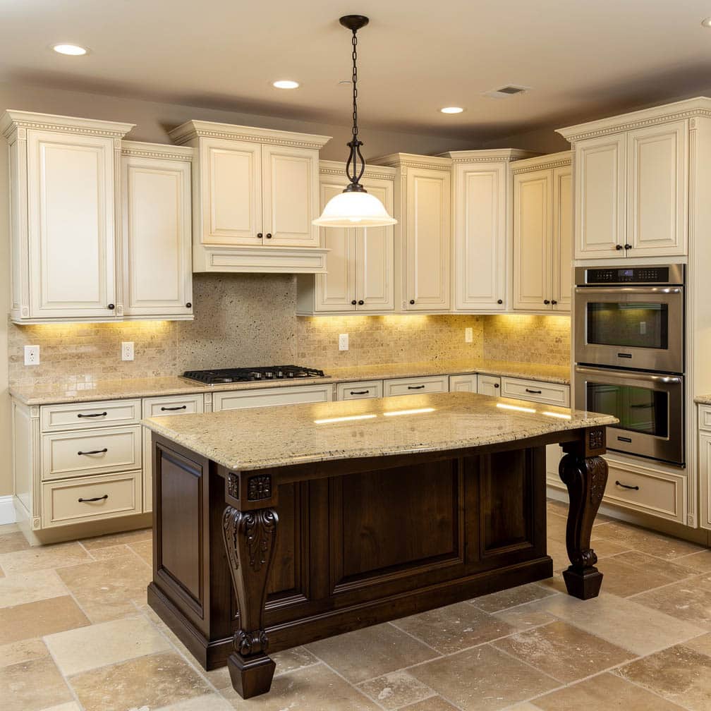 Many homeowners prefer antique white cabinets for a clean look