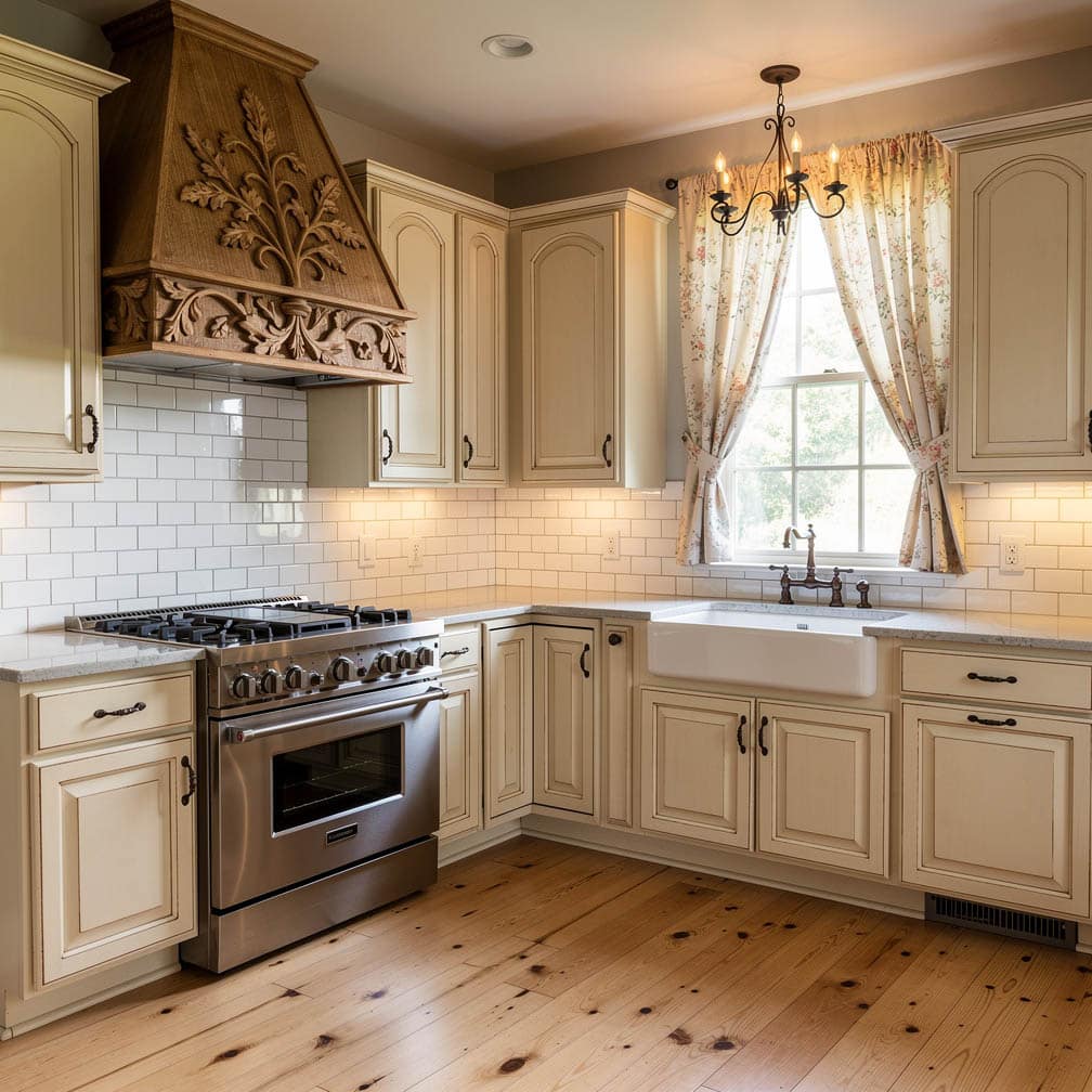 French country cream kitchen with hand-carved wood range hood, farmhouse sink and white subway tile