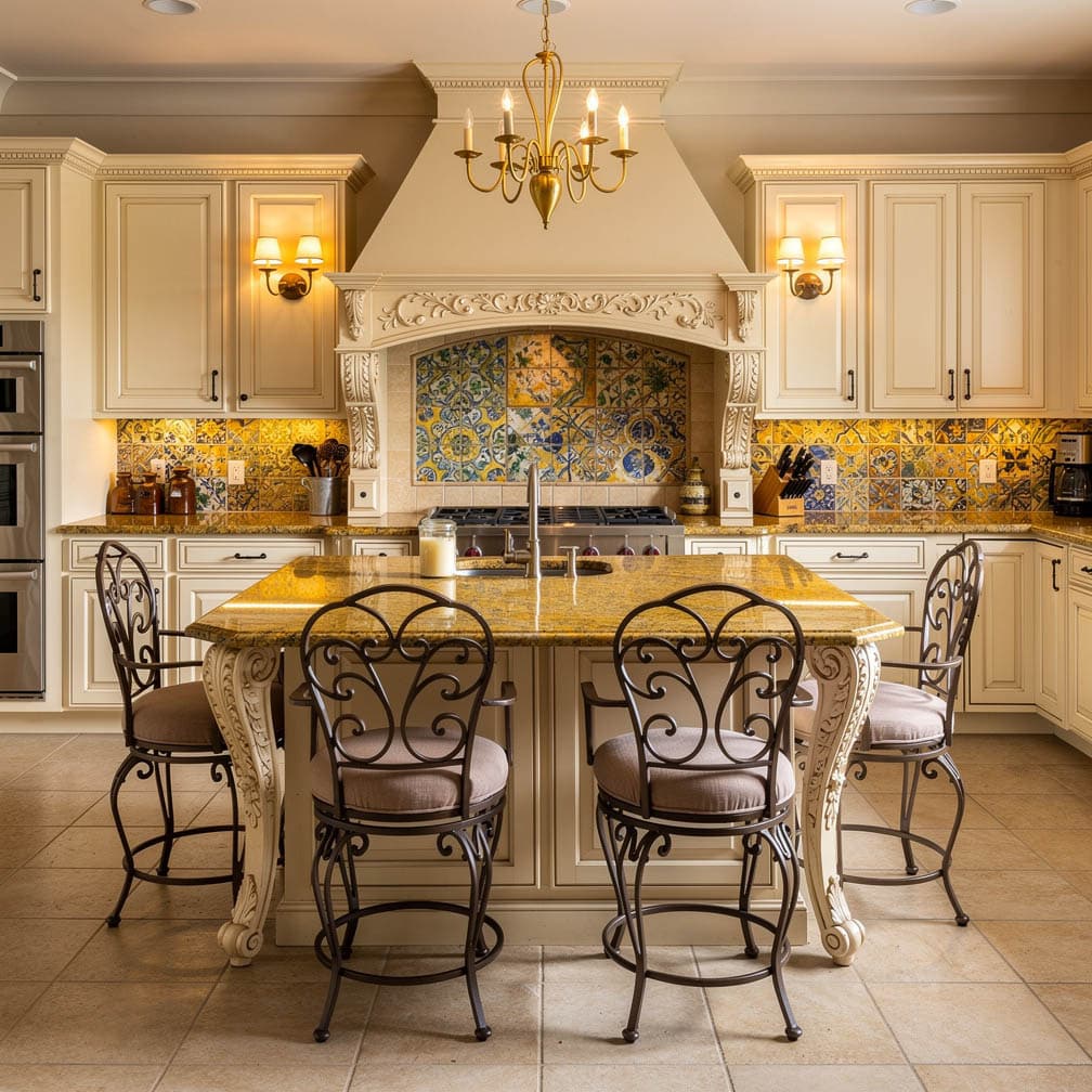 French country cream kitchen with ornate scrolled island, colorful Talavera tile backsplash and wrought iron barstools