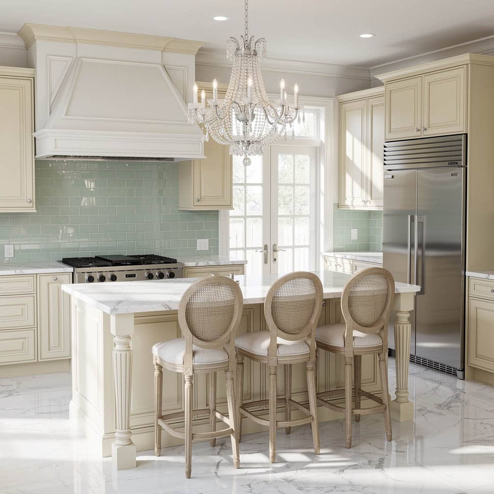 This cream-toned kitchen takes on a more modern look, with