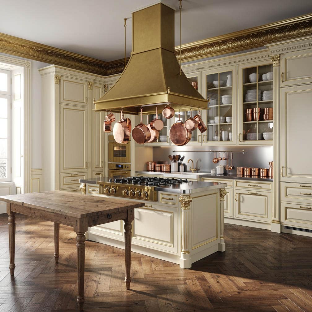 This French Provincial kitchen decked out with cream and gold