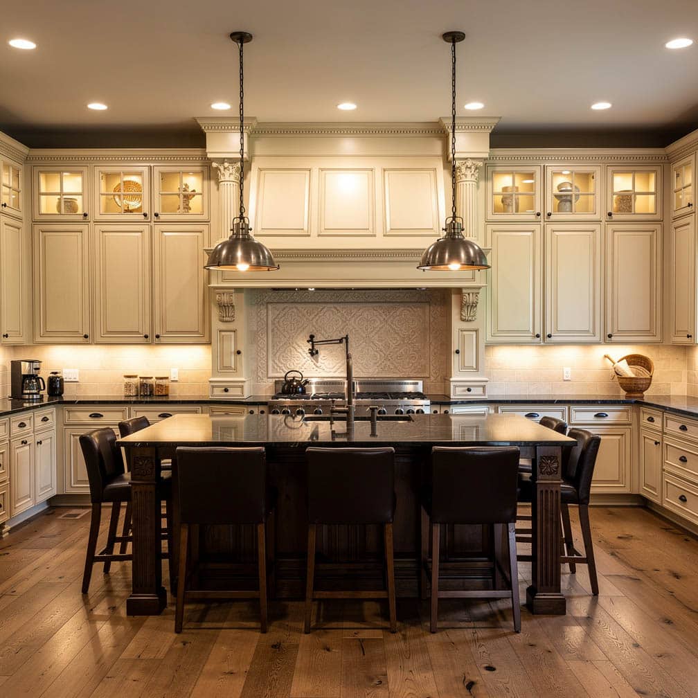 Cream glazed kitchen with three-level layout, dark leather barstools, dome pendants and decorative columns