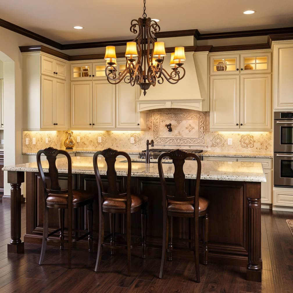 This beautiful cream-toned kitchen is well-accented with dark wood and