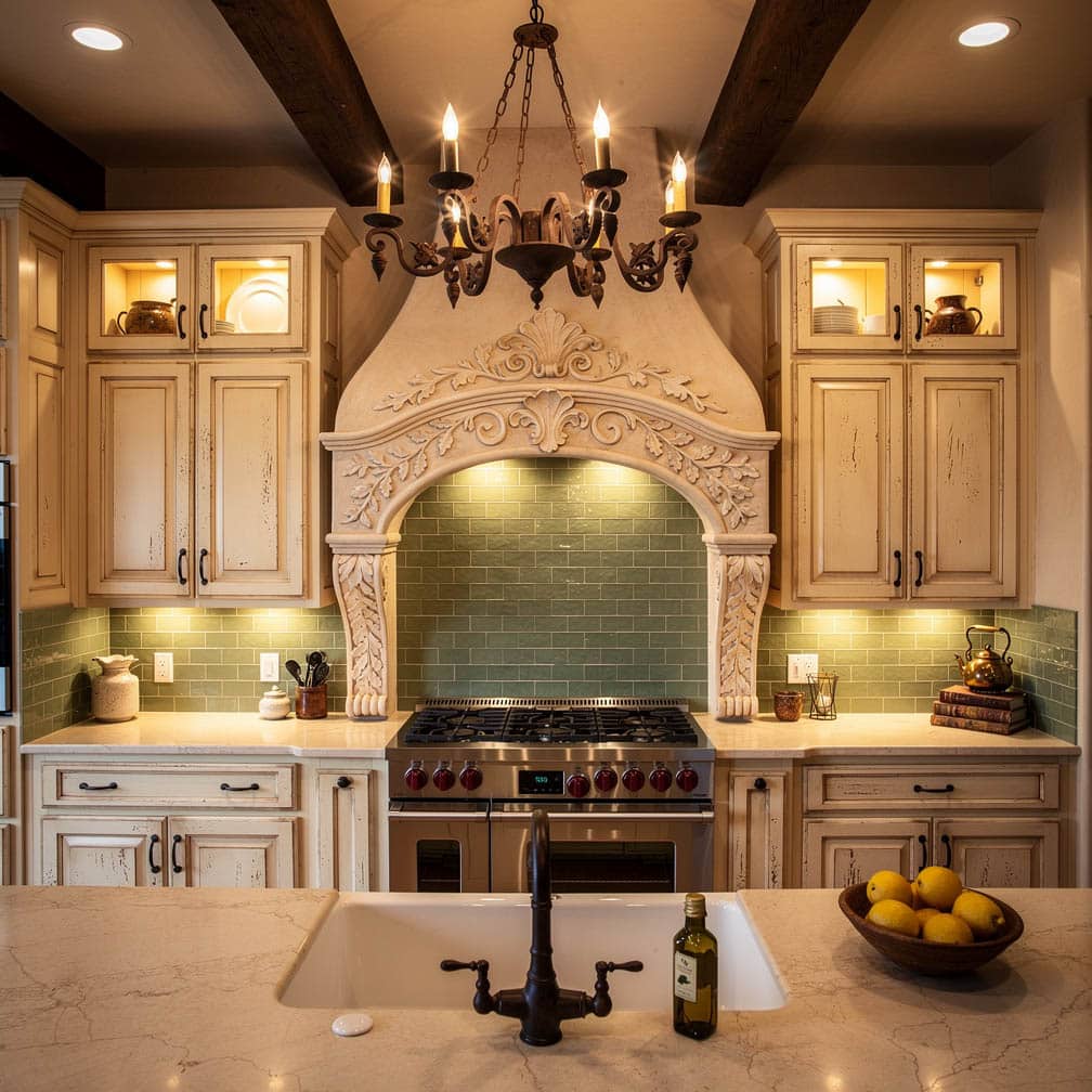 This Old Southern-style kitchen features beautiful vine carvings in-laid over