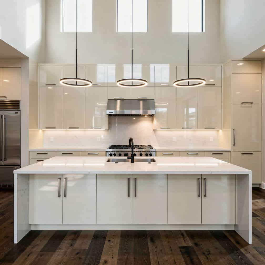 This modern kitchen showcase glossy cream cabinets with a quartz