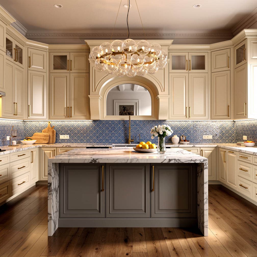 Two-tone cream and gray kitchen with marble waterfall island, crystal bubble chandelier and brass hardware