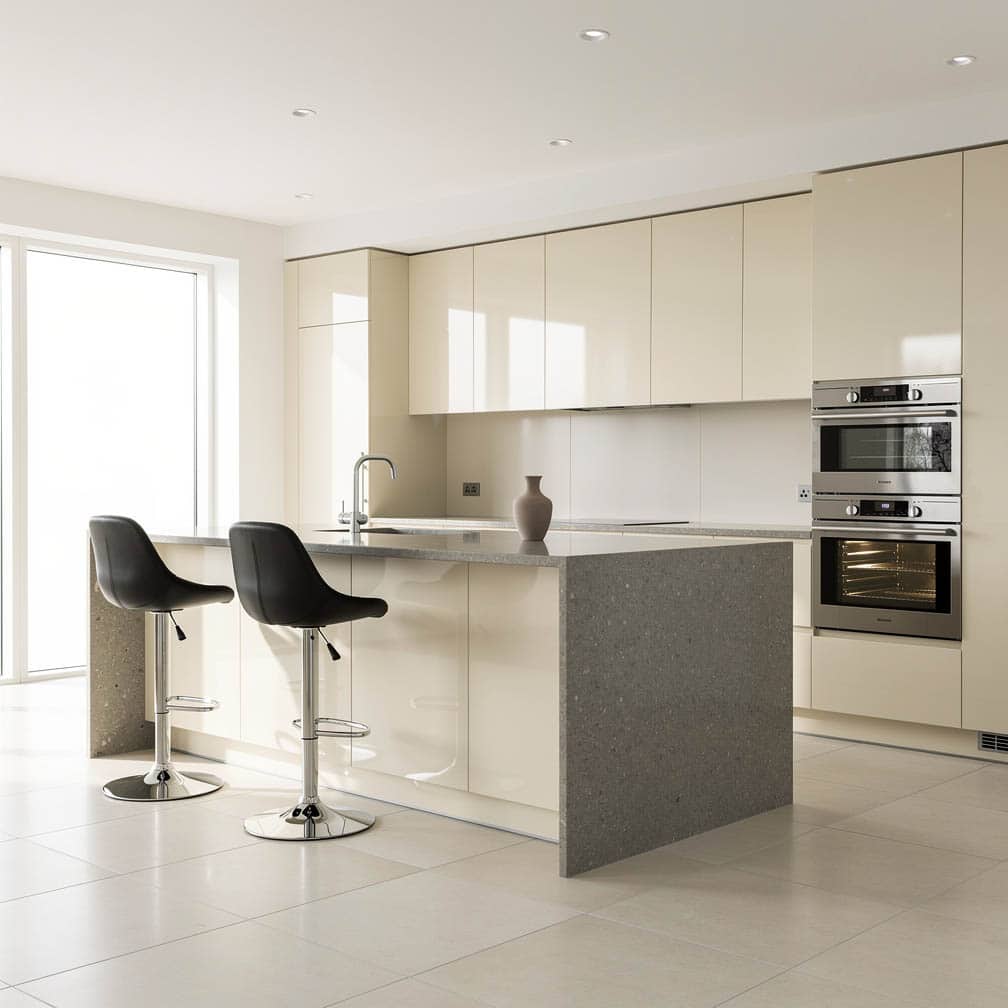 modern kitchen features clean, linear lines and flushed cream-colored cabinets