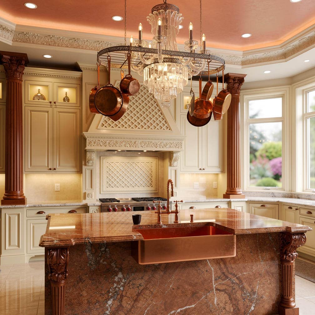 This beautiful kitchen features a lot of copper accessories starting