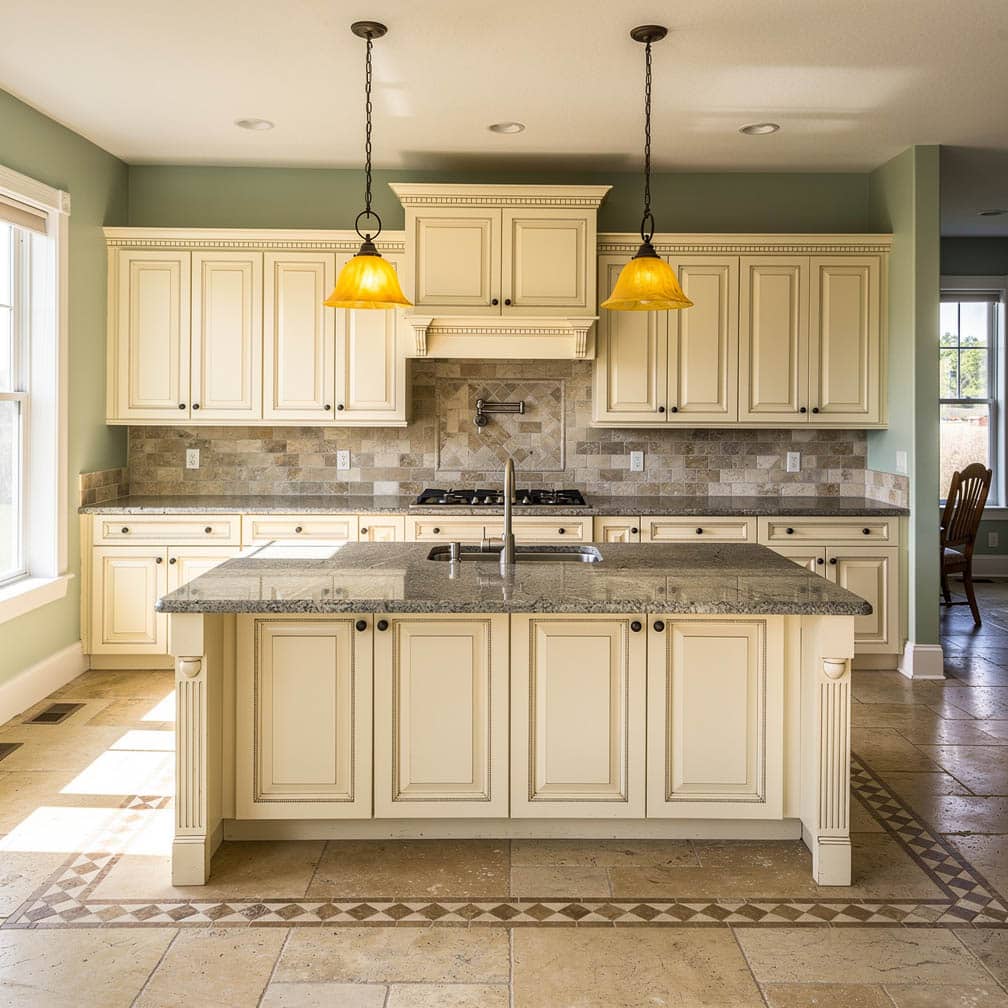 This beautiful beach cottage-style kitchen features simple cream-colored raised panel