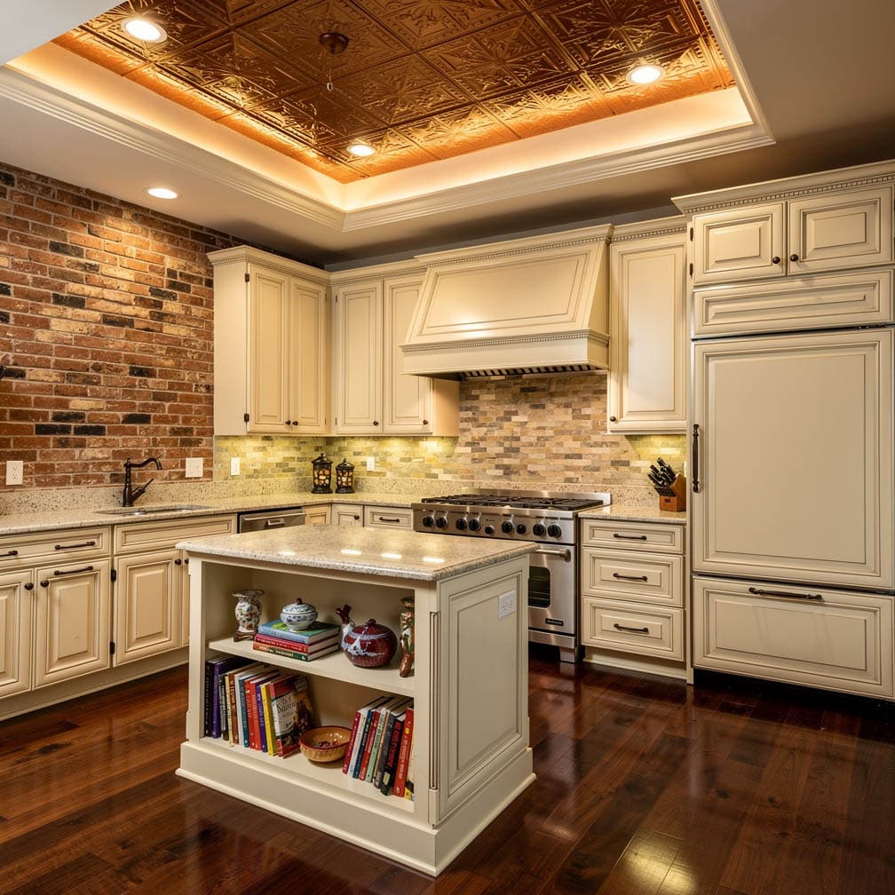 This u-shaped kitchen with cream cabinets has an integrated refrigerator