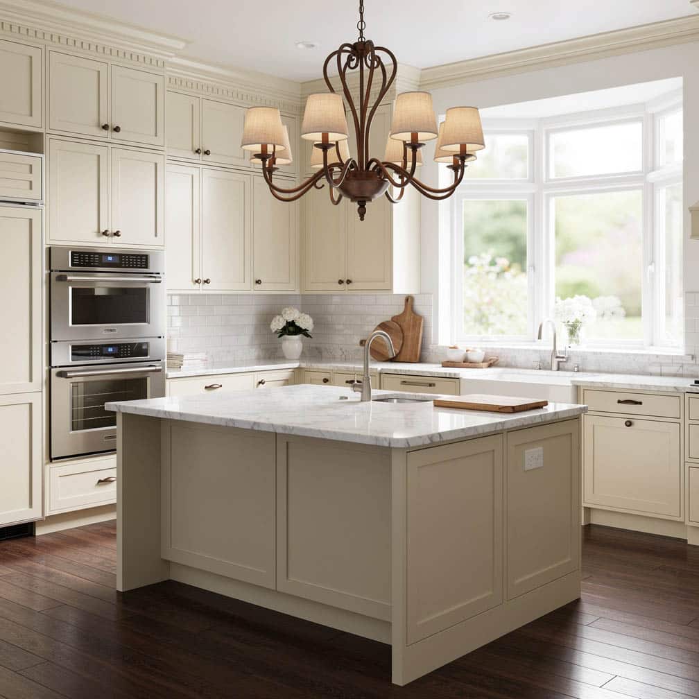 Cream raised panel kitchen with white marble island, bronze chandelier with fabric shades and dark hardwood floors