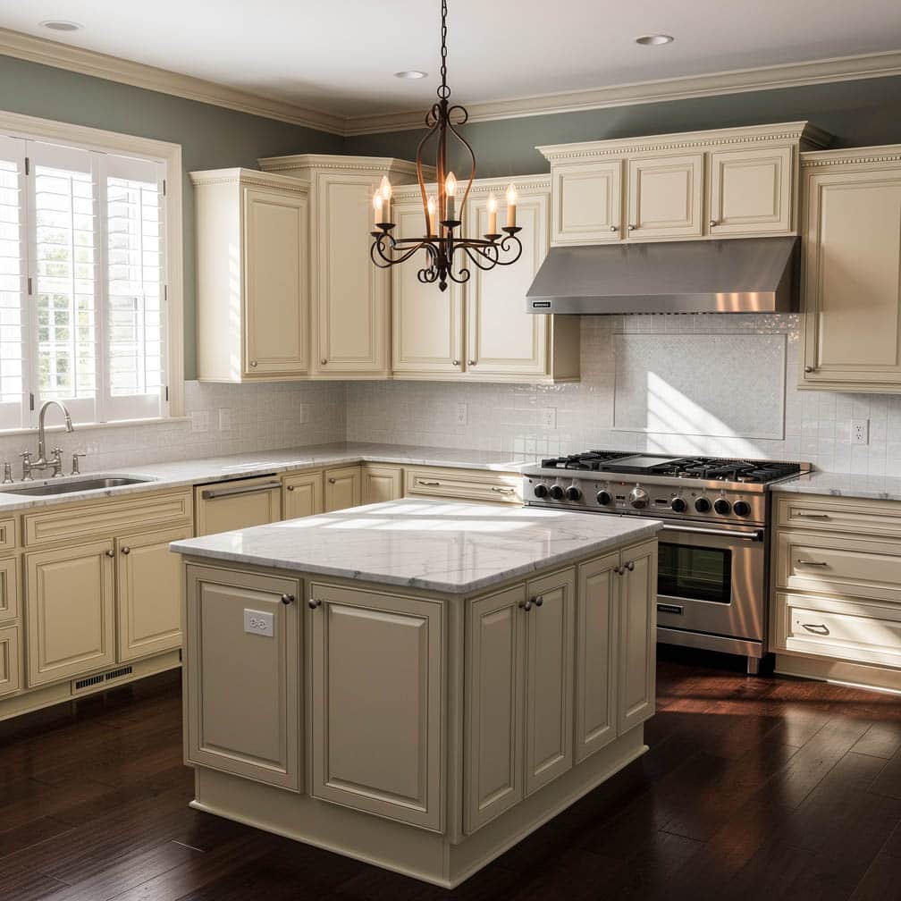 Cream recessed panel kitchen with Carrara marble island, iron scrolled chandelier and dark hardwood floors