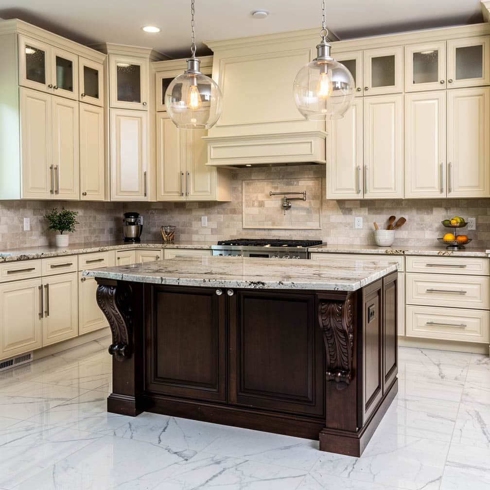 This simple yet elegant design features recessed panel creamcabinets, cornices,